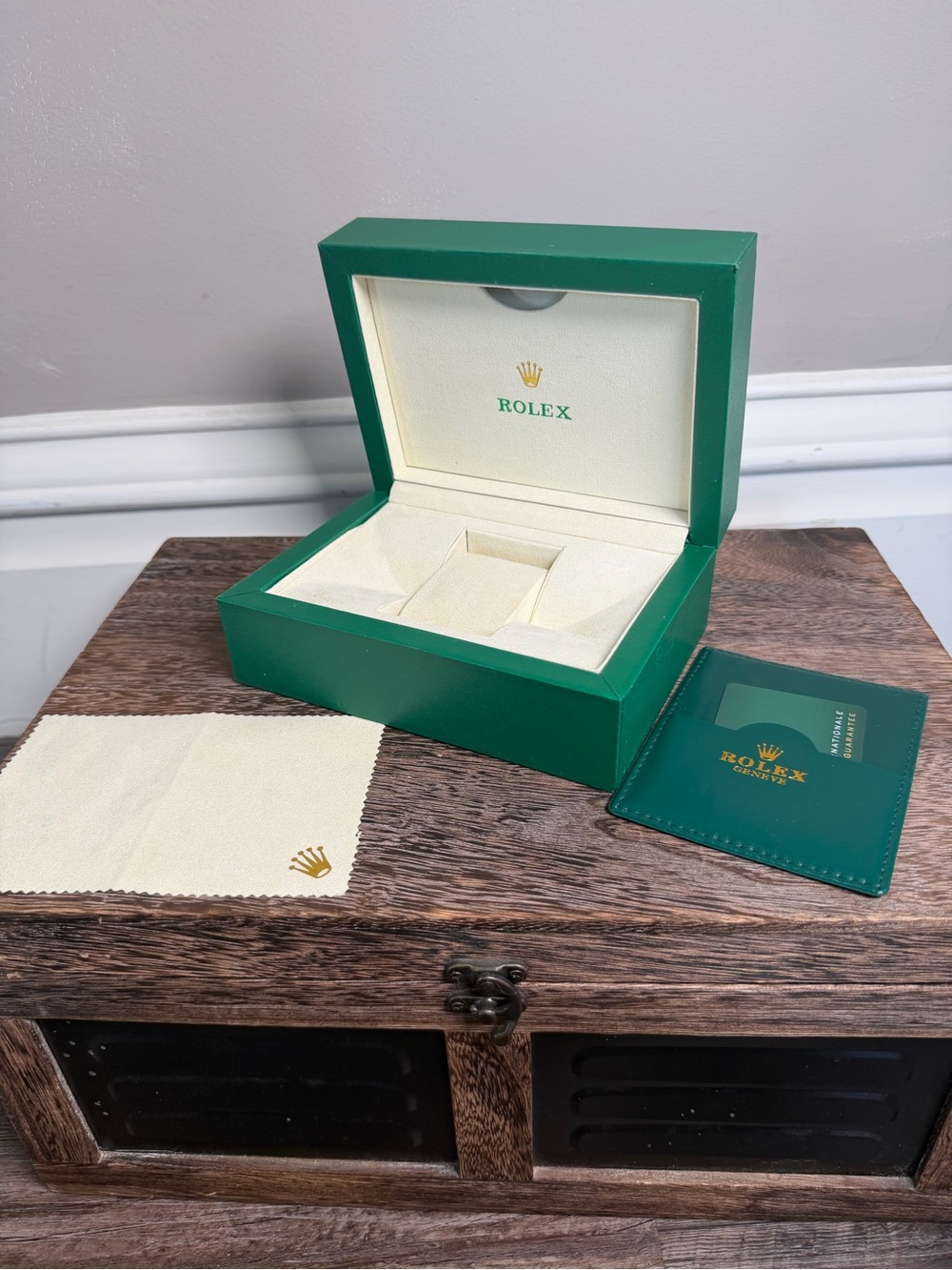 Rolex Green and Cream Watch Box with Matching Card Holder
